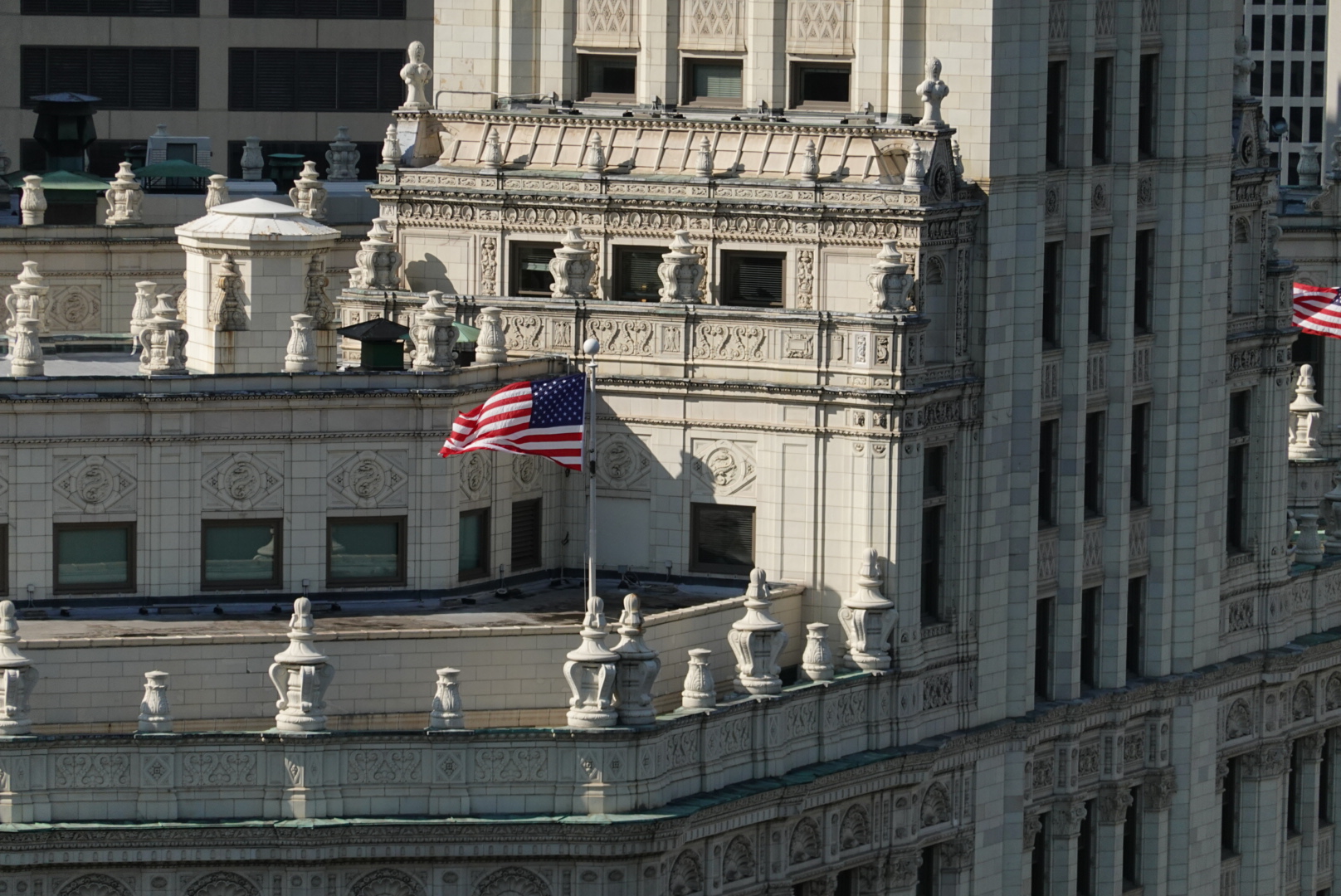 Close up of an American flag on a building in Chicago