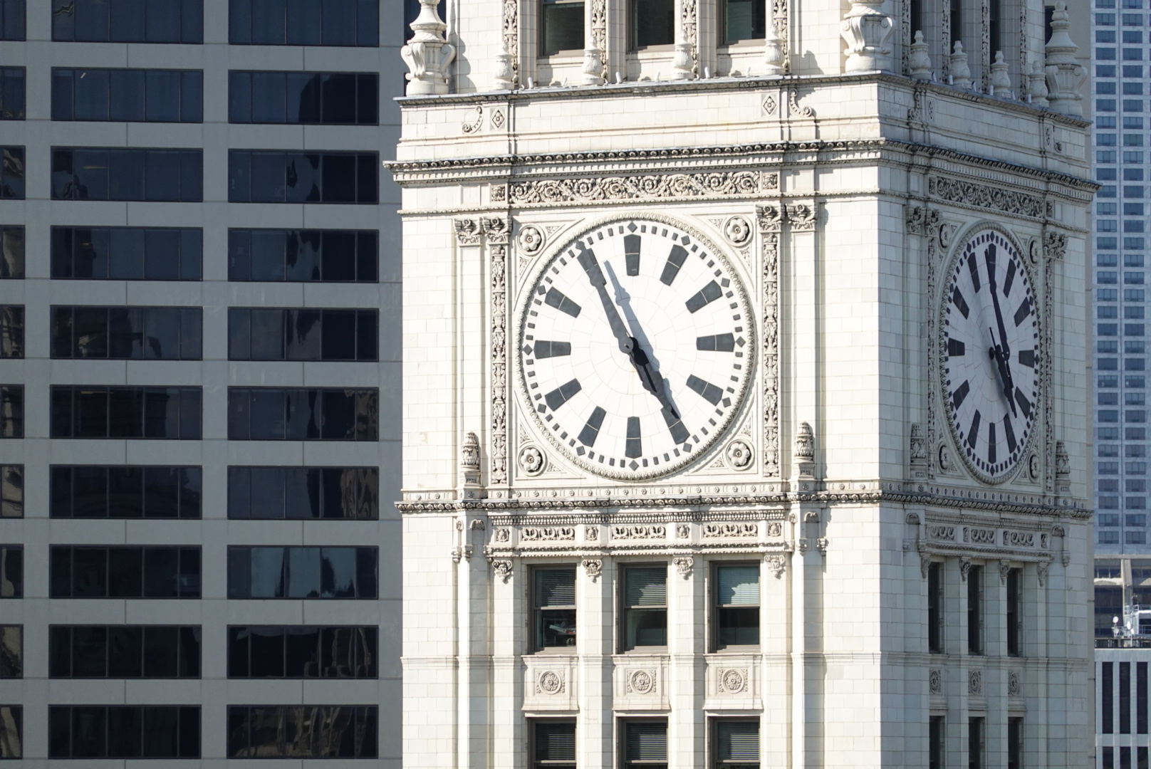 Close up of a clock tower in Chicago