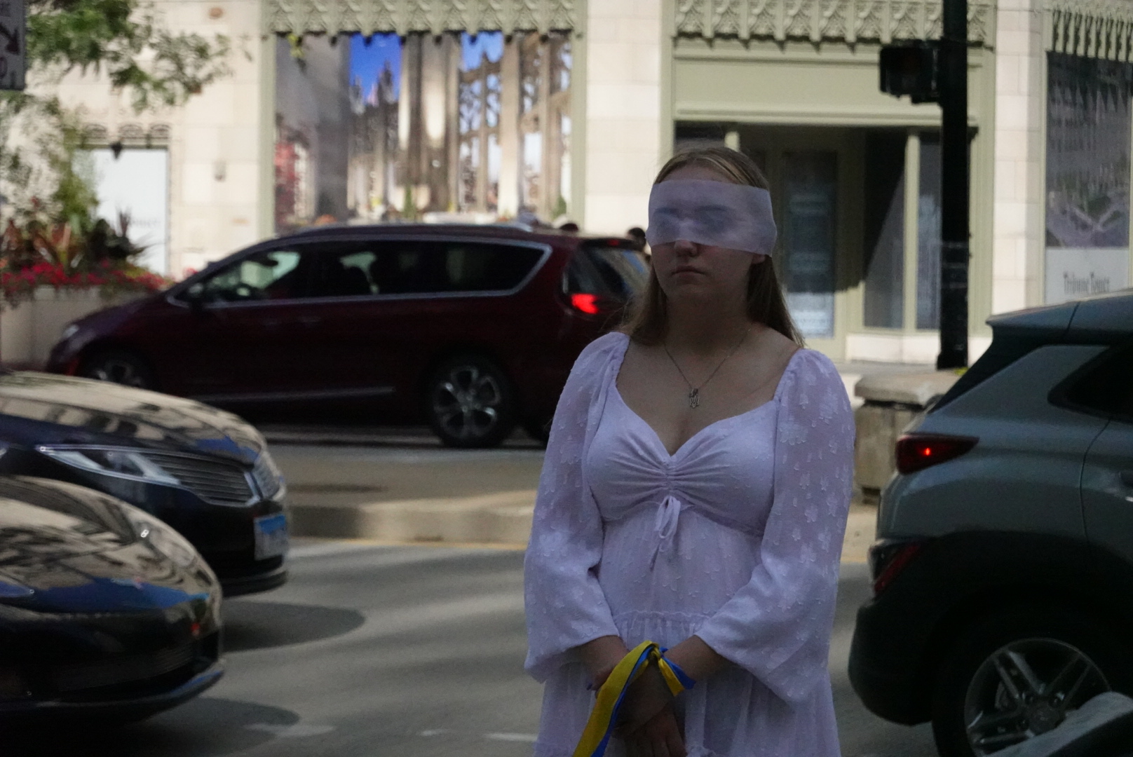 A protestor with a blindfold in Chicago